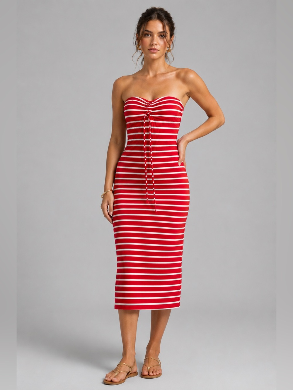 Commense Red & White Striped Strapless Midi Dress